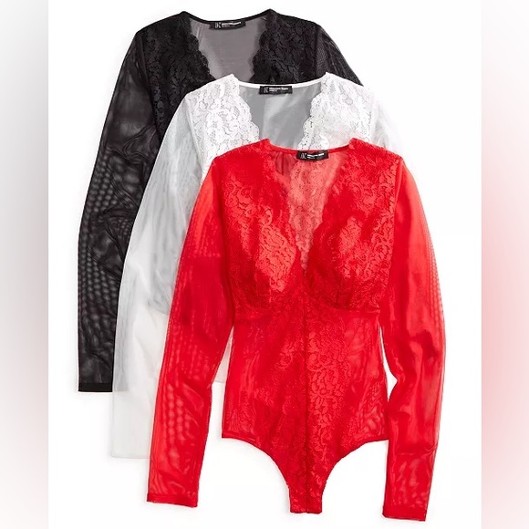 INC  International Concepts Red Sheer Long-Sleeve Lace Mesh Bodysuit - Red - Picture 6 of 7